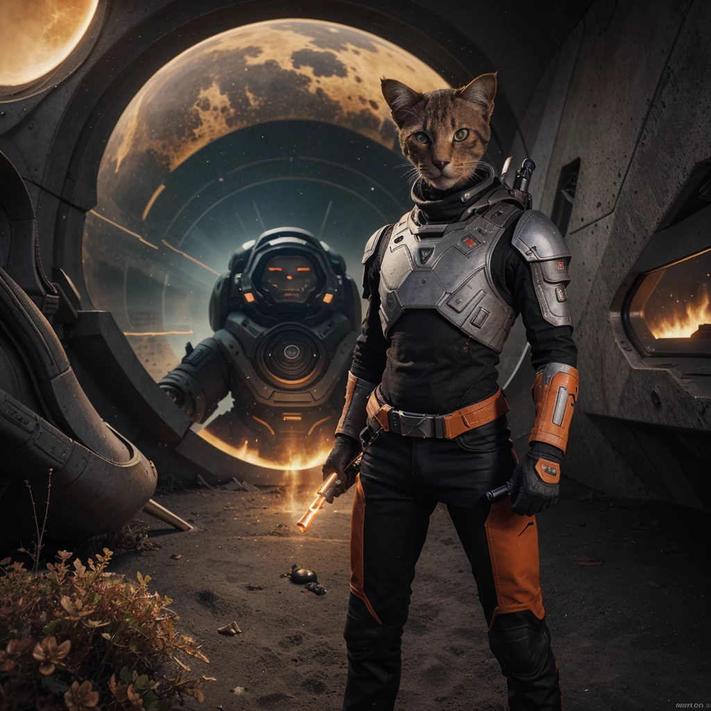 there is a anthropomorphic cat holding a gun in front of a spaceship, hyperrealistic fantasy art, doom eternal, heaven planet in background, inspired by Jan Victors, in foreground boy with shotgun, orianna, grey orange, dune (2021) --ar 16:9 --v 5.1