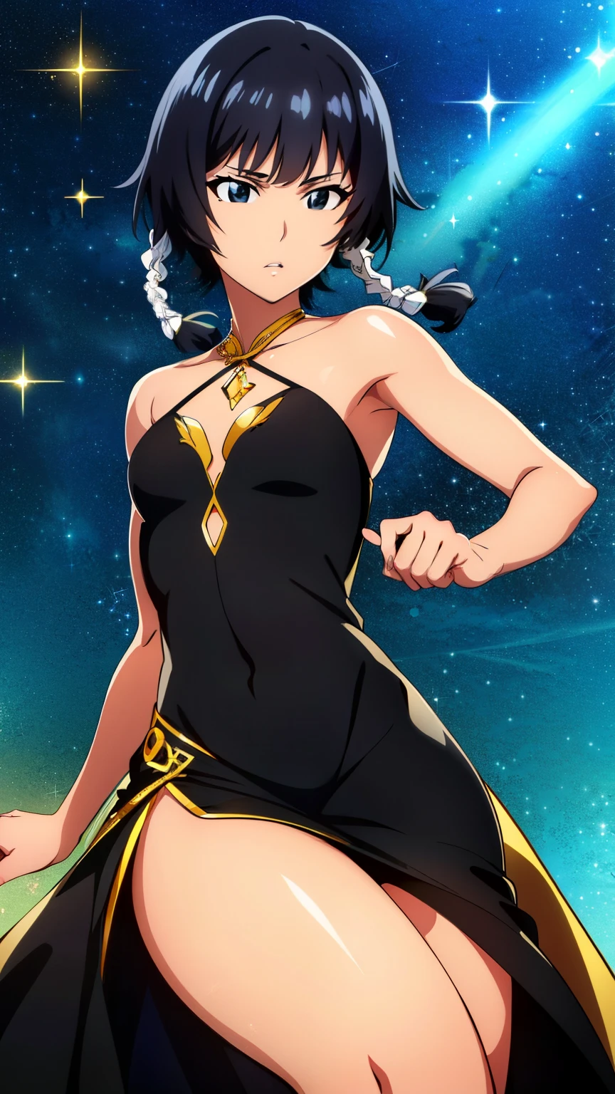 soifon, soifon, short hair, bangs, black hair, short hair with long locks, (black eyes:1.2), small breasts,(slender:1.2),Glare, (sparkly dress, shiny dress, thighs,:1.2), solo,
dynamic pose, dynamic angles, looking at viewer,
(masterpiece best quality, 8k:1.2),(anime), high resolution, unity 8k wallpaper, (beautiful detailed eyes:1.2), extremely detailed face, perfect lighting, extremely detailed CG, (perfect hands, perfect anatomy),