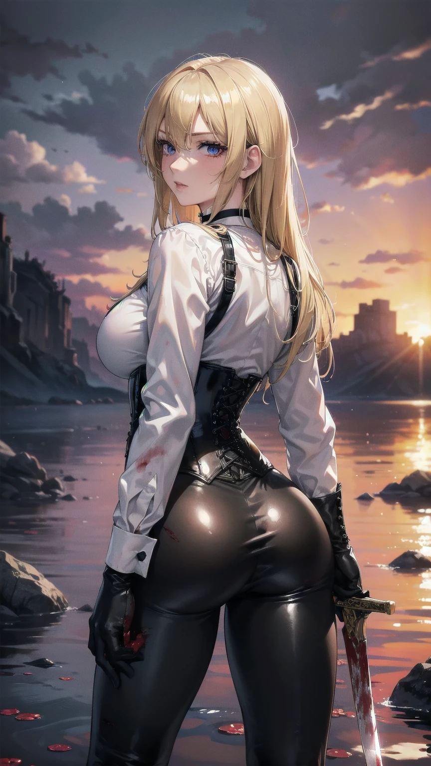 ((blood droplets)), ((blood)), ((blood splatter)), ((blood on clothes)) ((blood stain)), Masterpiece, Superior image quality, high resolution, 4k image,photo and gross, photorealistic, whole body, Torn clothes, 1 young blonde of 15 years, fighting pose, {{{vagina}}}, big breasts, beautiful face, Long blonde hair, blue eyes, very detailed eyes, serious expression, choker:1.6, (white collar button down long sleeve shirt), black gloves, gloves that cover hands, (wields a sword in his right hand), (black leather corset), (shiny black leggings), Sensual Lips, show details in the eyes, view from behind, perfect ass, looking at the viewer, standing on the shore of a lagoon, gloomy lagoon, Atmosphere, crimson sky
