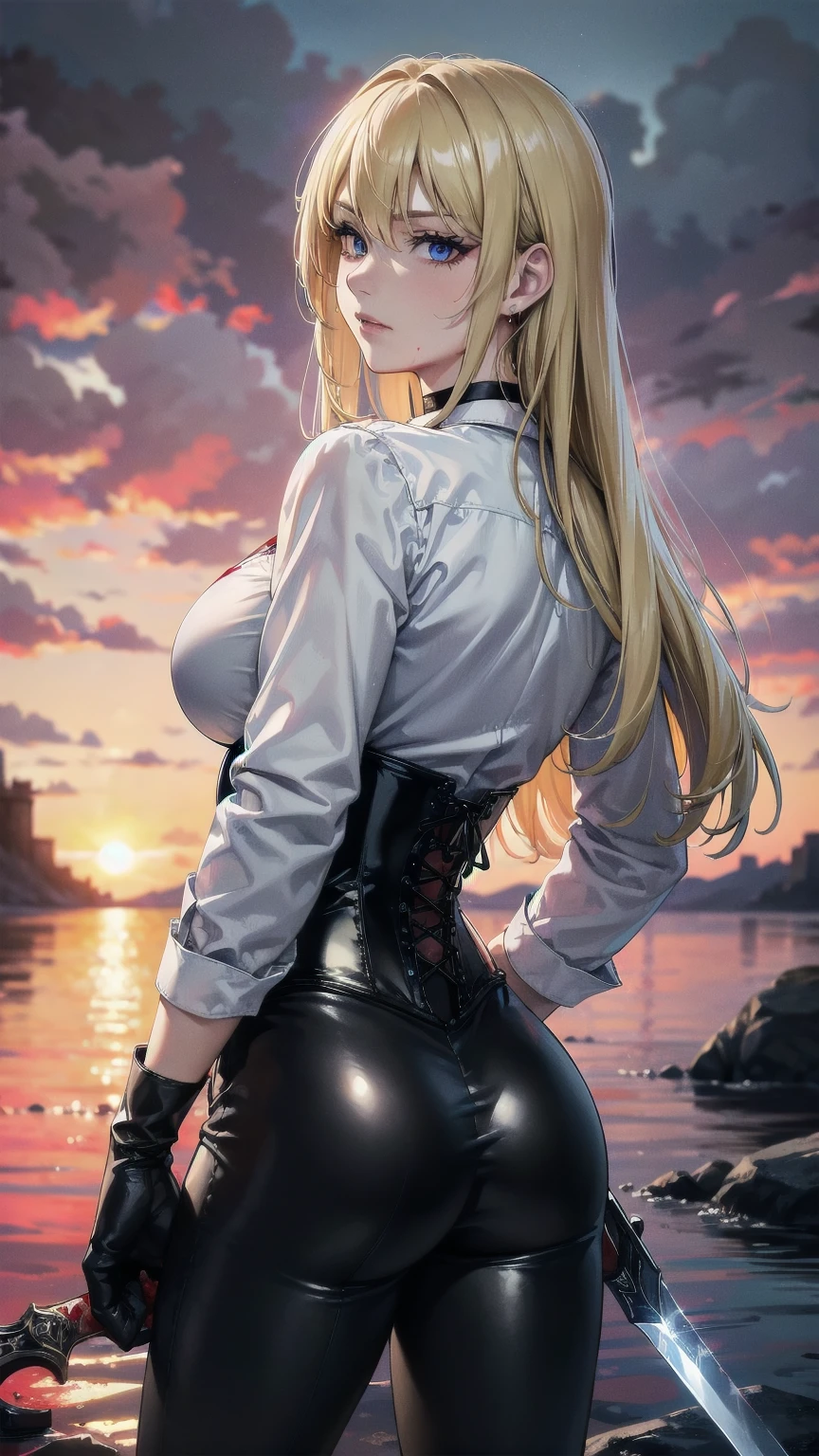 ((blood droplets)), ((blood)), ((blood splatter)), ((blood on clothes)) ((blood stain)), Masterpiece, Superior image quality, high resolution, 4k image,photo and gross, photorealistic, whole body, Torn clothes, 1 young blonde of 15 years, fighting pose, {{{vagina}}}, big breasts, beautiful face, Long blonde hair, blue eyes, very detailed eyes, serious expression, choker:1.6, (white collar button down long sleeve shirt), black gloves, gloves that cover hands, (wields a sword in his right hand), (black leather corset), (shiny black leggings), Sensual Lips, show details in the eyes, view from behind, perfect ass, looking at the viewer, standing on the shore of a lagoon, gloomy lagoon, Atmosphere, crimson sky