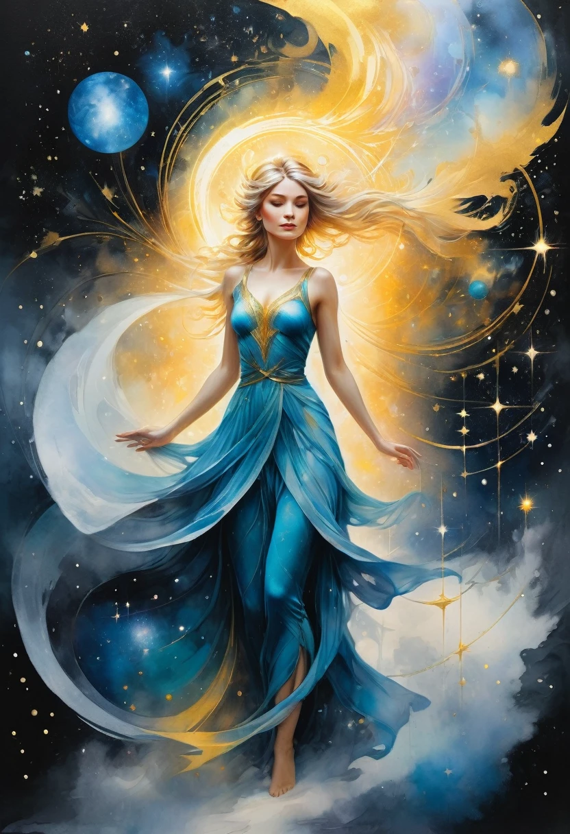 A sparkling celestial wanderer, the galactic time traveler is depicted in vibrant shades of gold and silver, with nebulae swirling around her figure. This breathtaking image is an intricate gouache painting, with intricate details that seem to glow from within. The traveler's ethereal presence is captured beautifully, with intricate patterns adorning her flowing robes and a sense of mystery in her eyes. The overall effect is mesmerizing, inviting viewers to lose themselves in the cosmic beauty of this otherworldly being.