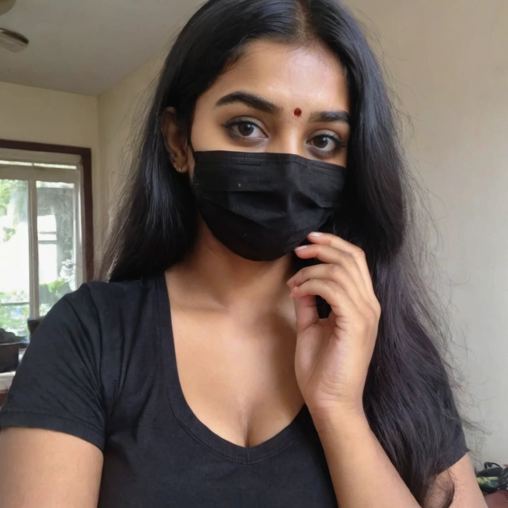 phone photo of a 18 year old south Indian girl in black surgical mask, wearing hot black t-shirt, cleavage chest clearly visible, uploaded on snapchat
