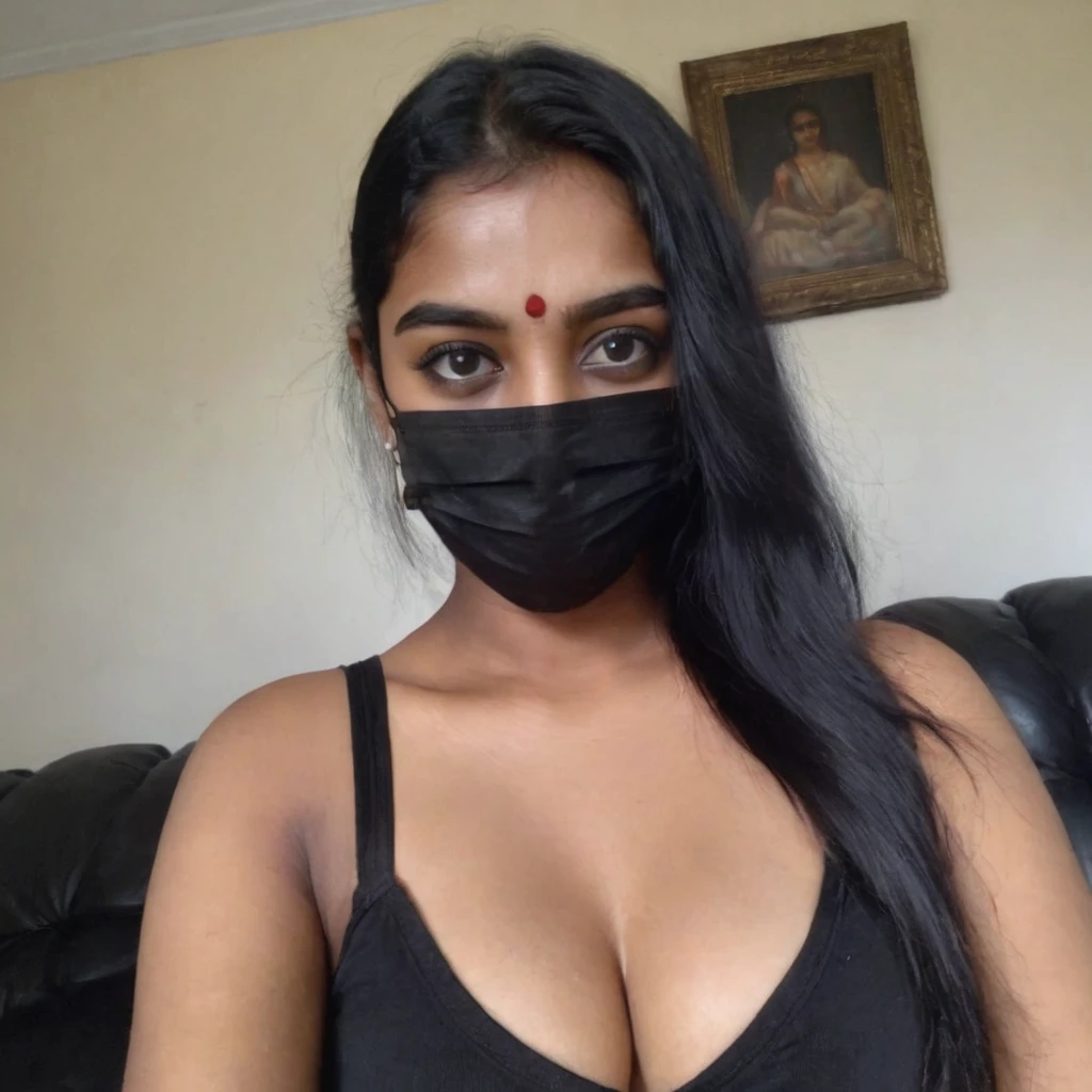phone photo of a 18 year old south Indian girl in black surgical mask, wearing hot black t-shirt, cleavage chest clearly visible, uploaded on snapchat