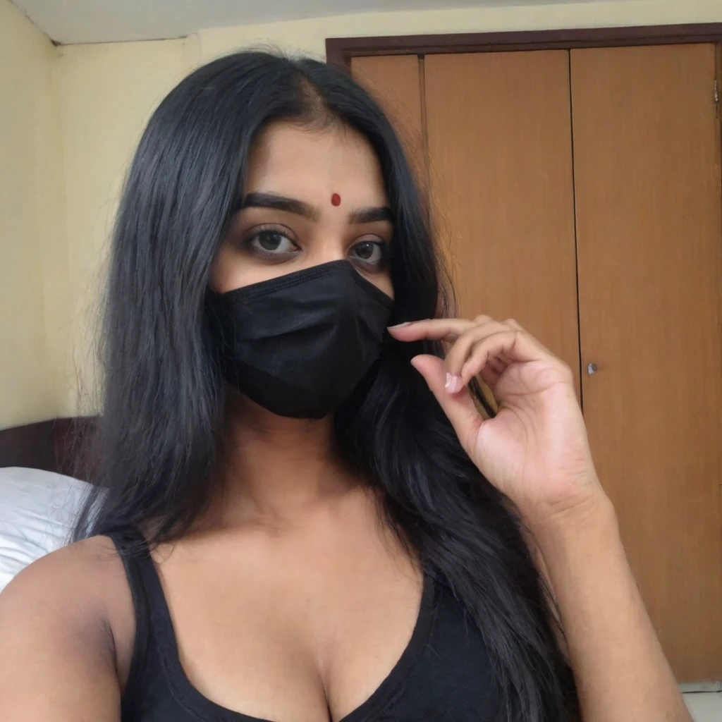 phone photo of a 18 year old south Indian girl in black surgical mask, wearing hot black t-shirt, cleavage chest clearly visible, uploaded on snapchat