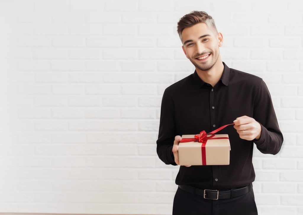 smiling man holding a brown box with a red ribbon and a bow, holding a gift, giving Gifts to people, Spare photo, Gifts, man aged 30, Handsome, Attractive man, shutterstock, portrait photography, young man with short sleeves, Photo of a man, smiling man, Man finds happiness, a Photo of a man, looking happy