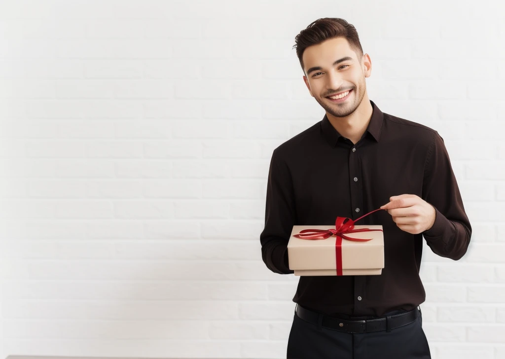 smiling man holding a brown box with a red ribbon and a bow, holding a gift, giving Gifts to people, Spare photo, Gifts, man aged 30, Handsome, Attractive man, shutterstock, portrait photography, young man with short sleeves, Photo of a man, smiling man, Man finds happiness, a Photo of a man, looking happy