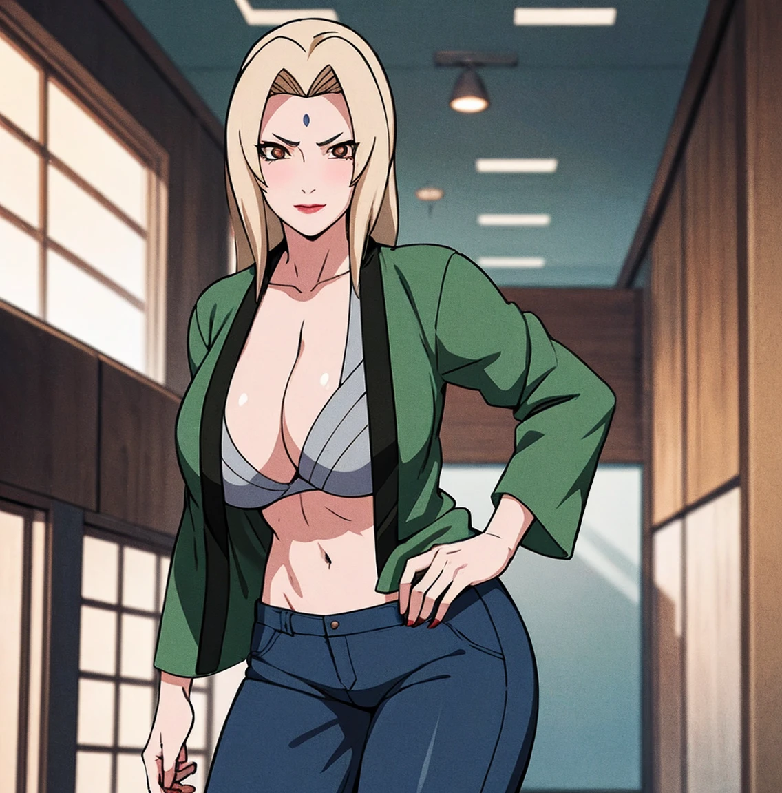 ((1girl)),((alone)), Tsunade senju,(masterpiece), (best quality), (ultra detailed), (best illustration), (best shadow), (absurdities), sharp focus, cowboy photo , looking at the viewer, big breasts, narrow waist, wide hips, medium thighs, round butt, dynamic posture, naughty face, breasts out, green coat, beautiful, blonde hair, long white hair, with brown eyes, red lips, pencils lipsticks, pub, smile, red face , huge breasts, indoors, perfect eyes, mature woman, assertive woman, separated breasts, gray pants, flashing, shirt pull, , seductive smile, closed mouth, (sexy pose: 1.2), alone, standing: 1.3, interior, Hokage's office, desk, window, sunset, looking forward ((focus on breasts)), point of view (from below), red blush, perfect anatomy, perfect hands
