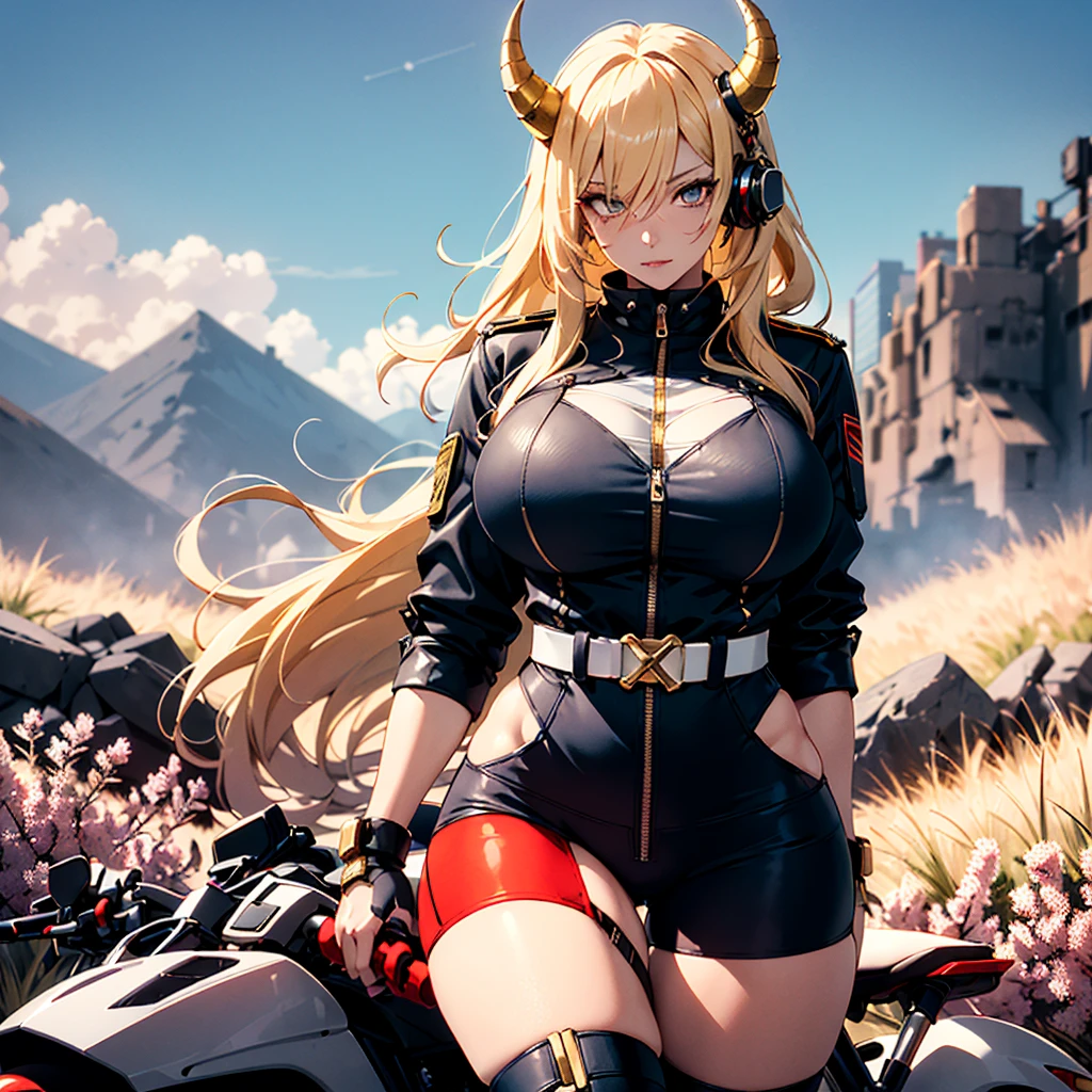 ((best quality)), ((masterpiece)), (detailed), 1girl, 8k_wallpaper, extremely detailed eyes, extremely detailed body, beautiful face, perfect face, detailed ((blonde hair)), (gold eyes), ((large big red and blue horns)), {{dark skin}}, ({dark skinned female}), gigantic breasts, thick thighs, strong arm and leg muscles, strong abdominal muscles, Monster women, Korean women, wearing a modern short black cloth jacket with rolled up sleeves, (wearing heavy gold colored steel cyberpunk armor), a wide red leather belt with blue steel yarn, steel boots, steel thigh guards, a military radio hangs on her belt, a biker girl, she rides on another planet along a lilac field against the backdrop of a blue desert and high red mountains,