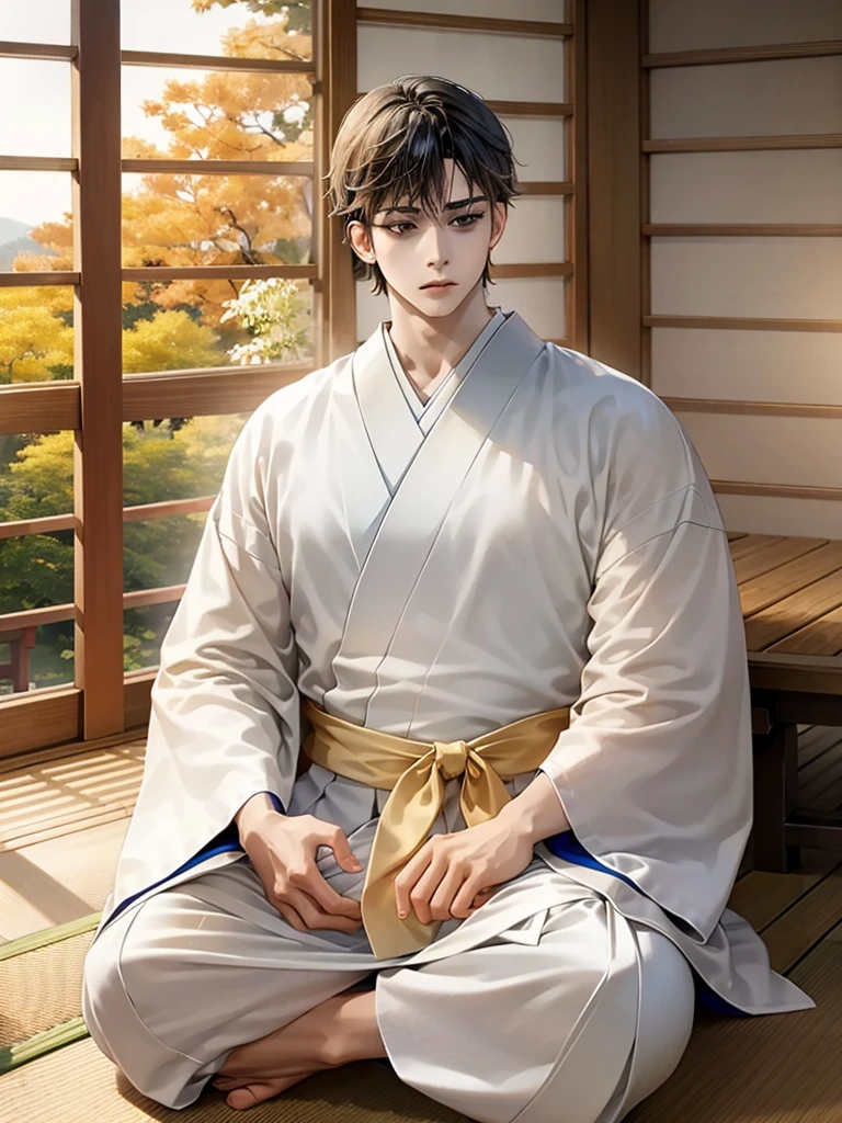 Highest Resolution,Highest quality,A beautiful young boy in hakama sitting in meditation with his eyes closed,Wooden floor,Japanese-style house,Veranda,whole body,front,Beautiful face,