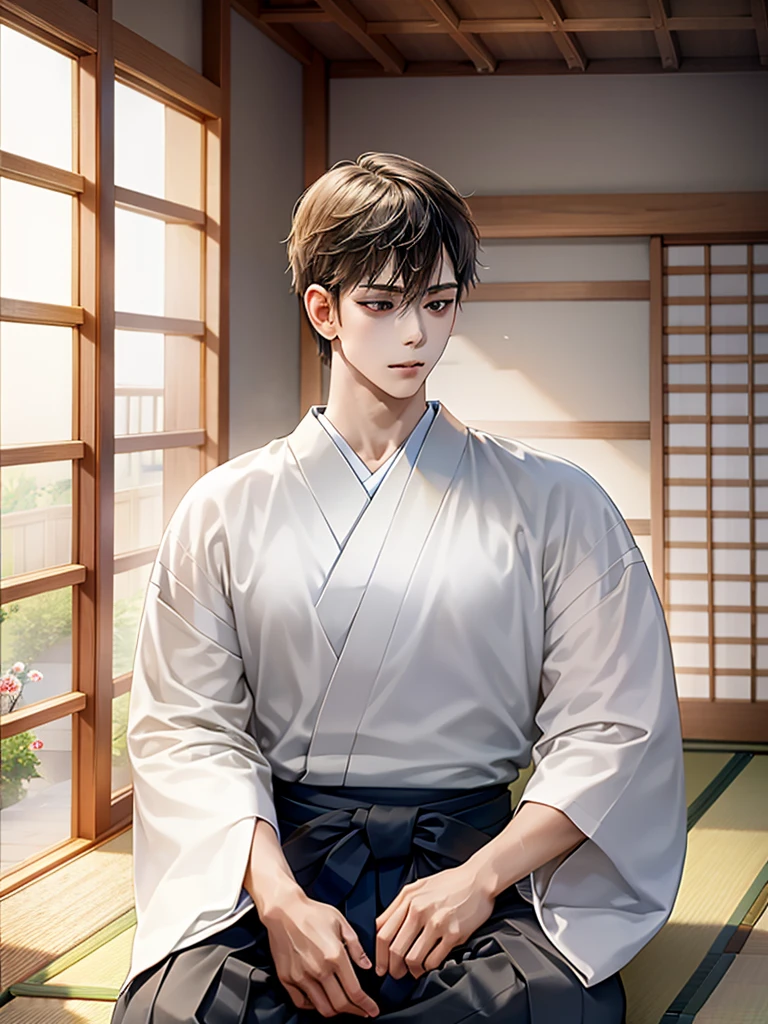 Highest Resolution,Highest quality,A beautiful young boy in hakama sitting in meditation with his eyes closed,Wooden floor,Japanese-style house,Veranda,whole body,front,Beautiful face,