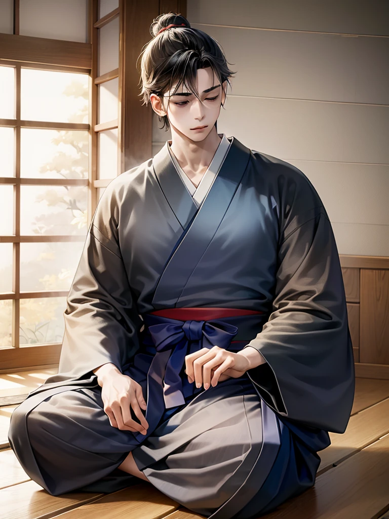 Highest Resolution,Highest quality,A beautiful young boy in hakama sitting in meditation with his eyes closed,Wooden floor,Japanese-style house,Veranda,whole body,front,Beautiful face,