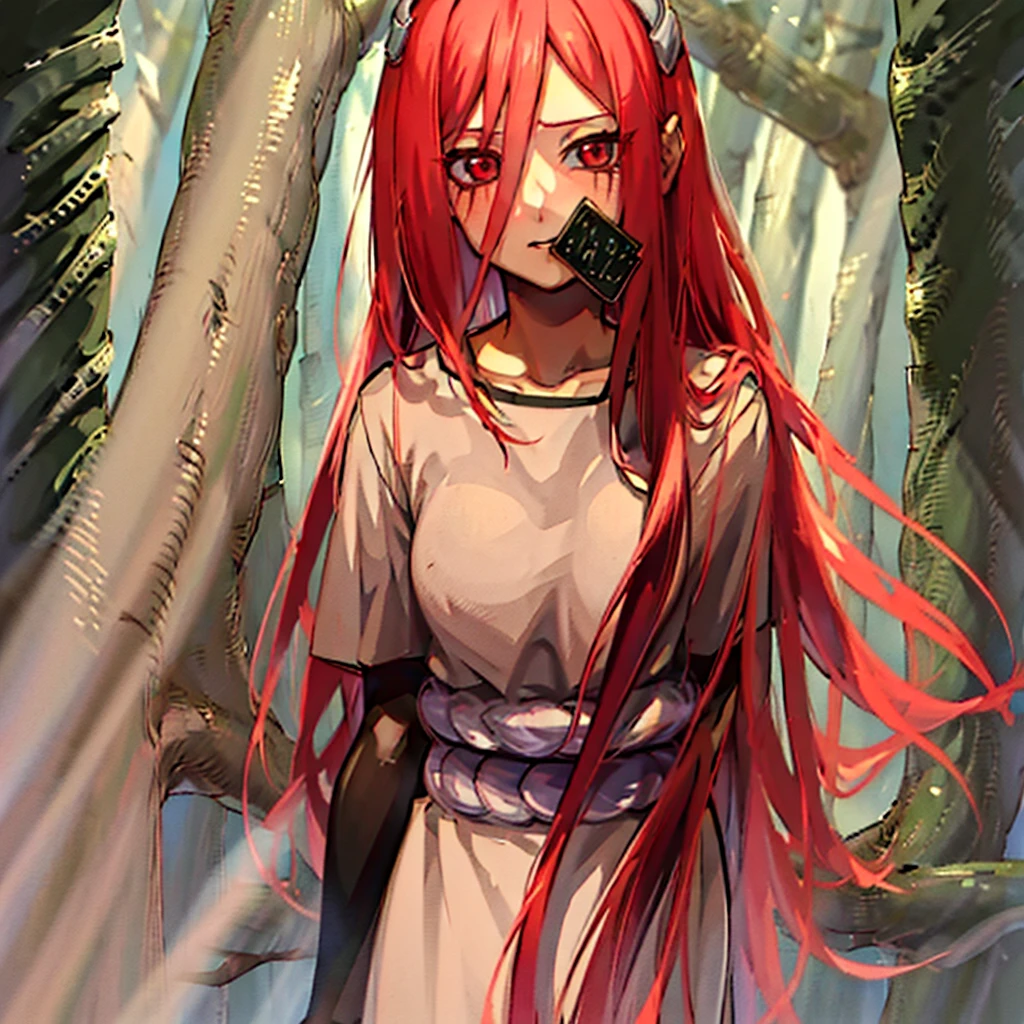 "Masterpiece, high quality, (cheered up), Best Quality, 1 girl, dynamic lighting, simple background, Red hair, Red eyes, ((s)), beautiful face, pretty eyes, beautiful background, (((Very detailed eyes and face.))), session, dynamic pose, forest background, embarrassed expression, with blush