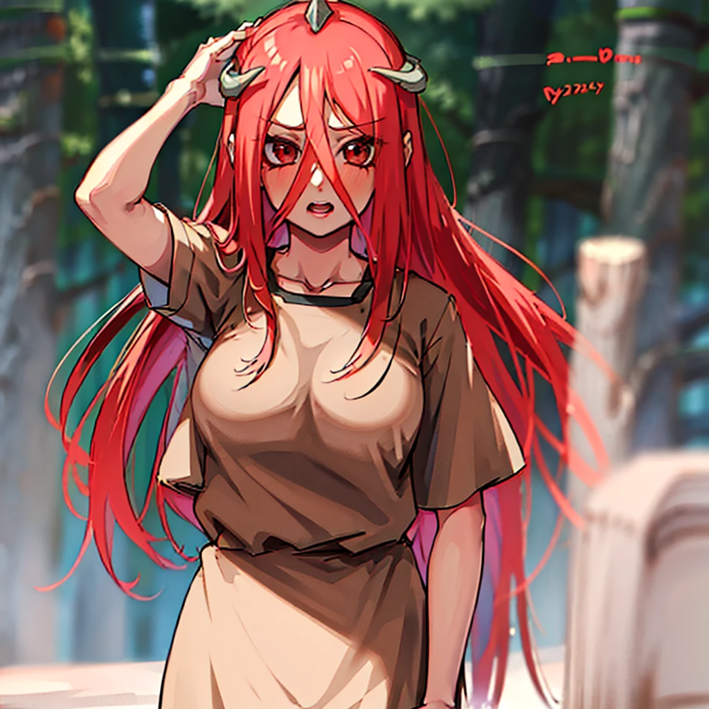 "Masterpiece, high quality, (cheered up), Best Quality, 1 girl, dynamic lighting, simple background, Red hair, Red eyes, ((15 years)), beautiful face, pretty eyes, beautiful background, (((Very detailed eyes and face.))), session, dynamic pose, forest background, upset expression.