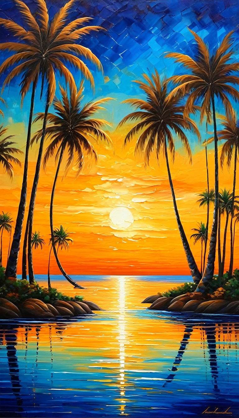 A breathtaking landscape painting that captures the essence of a celestial dance. The scene features towering palm trees silhouetted against a sky that transitions from deep azure to vibrant amber and gold hues. The palm trees are elegantly mirrored in the rippling waters below, creating a sense of balance and harmony. The interplay of light and shadow creates a tranquil symphony, with nature's timeless embrace unfolding in an abstract, serene harmony.