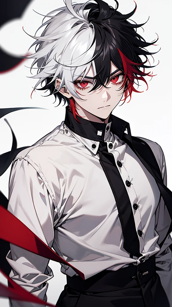 solo、male、White shirt、Red eyes、Straight face、Messy Hair、Short Hair、Multicolored Hair、Black and white hair、Two-tone hair