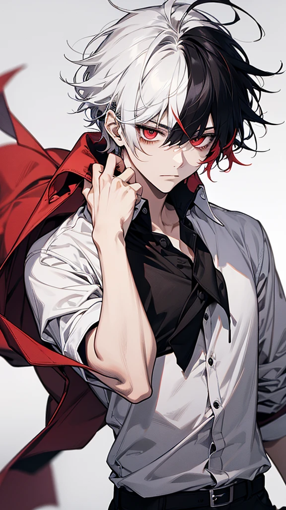 solo、male、White shirt、Red eyes、Straight face、Messy Hair、Short Hair、Multicolored Hair、Black and white hair、Two-tone hair