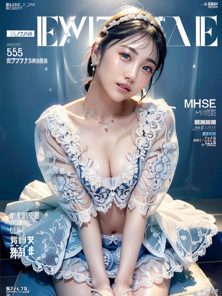 Navy Blue Background、Professional Lighting、(((Professional Lighting 1.5)))、Translucent skin texture、Beautiful Skin、Beautiful Skin、、(((Whitening 1.5)))、Lace pattern bra、See through、、Ecstasy of Musical Notes、((Nude 1.5))、See through1.5、Mid-shot photo、Simple earrings and necklace、(((ファッションMagazine Cover 1.5)))、(((Magazine Cover 1.5)))、Blonde Hair、