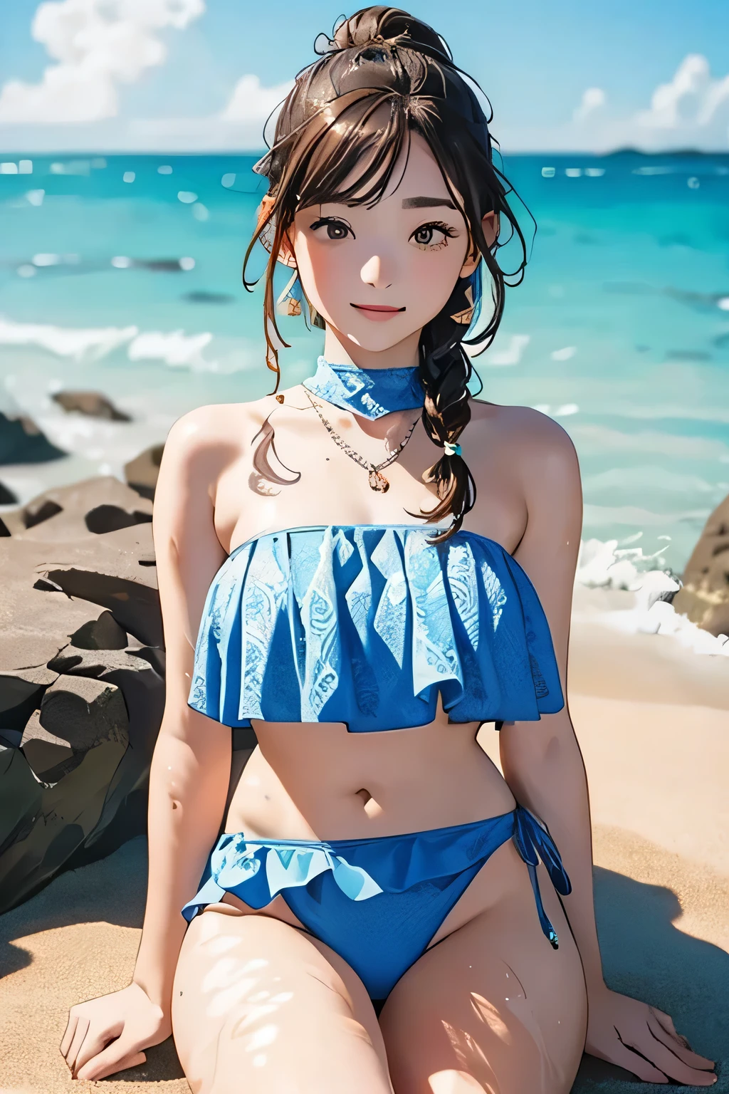(Highest quality:1.4)、High resolution、Detailed Background)、(Beautiful face in every detail:1.4)、Beautiful Teenage Girl、(Huge breasts:1.2)、(Highly detailed face:1.4)、
Brown Hair、Braided Bob、Braided Ponytail、Braided Hairstyles、Perfect body line、Attractive thighs、Attractive big ass、sunny day、
(Beautiful girl swimming on the sandy beach:1.5)、
Splashing water、Happy expression、smile、Laughing with your mouth open、sexual expression、Wet swimsuit、Wet swimsuitが光る、My whole body is wet、My hair is wet too、cute、
Ruffled top and high-waisted bikini bottoms、Opt for patterned or brightly colored bikinis、
Pair a strapless bikini top with a wrap skirt、Choose patterned or sheer skirts、One-piece swimsuit with ruffle and lace details、Bikini with cutout design、Choose intricate designs and different color combinations to give your piece a unique appeal.、Choose something with a colorful pattern or pop design and pair it with high-waisted bottoms.、cute
