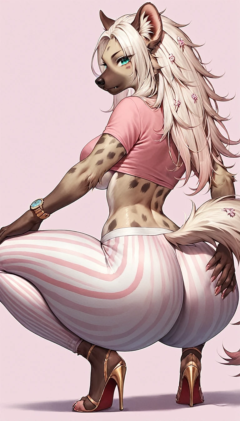 score_9, score_8_up, score_7_up, score_6_up, score_5_up, score_4_up, (solo), female anthro hyena, pink shirt underboob, vertical striped yoga pants, lusty, fluffy body, long blond hair, turquoise eyes, (thick thighs:1.5)  she is squatting ,from the back, backsite, from back, (focus on ass), watch your back, biki big ass sexy ass sexy but invitation violet background, simple background, high heels 