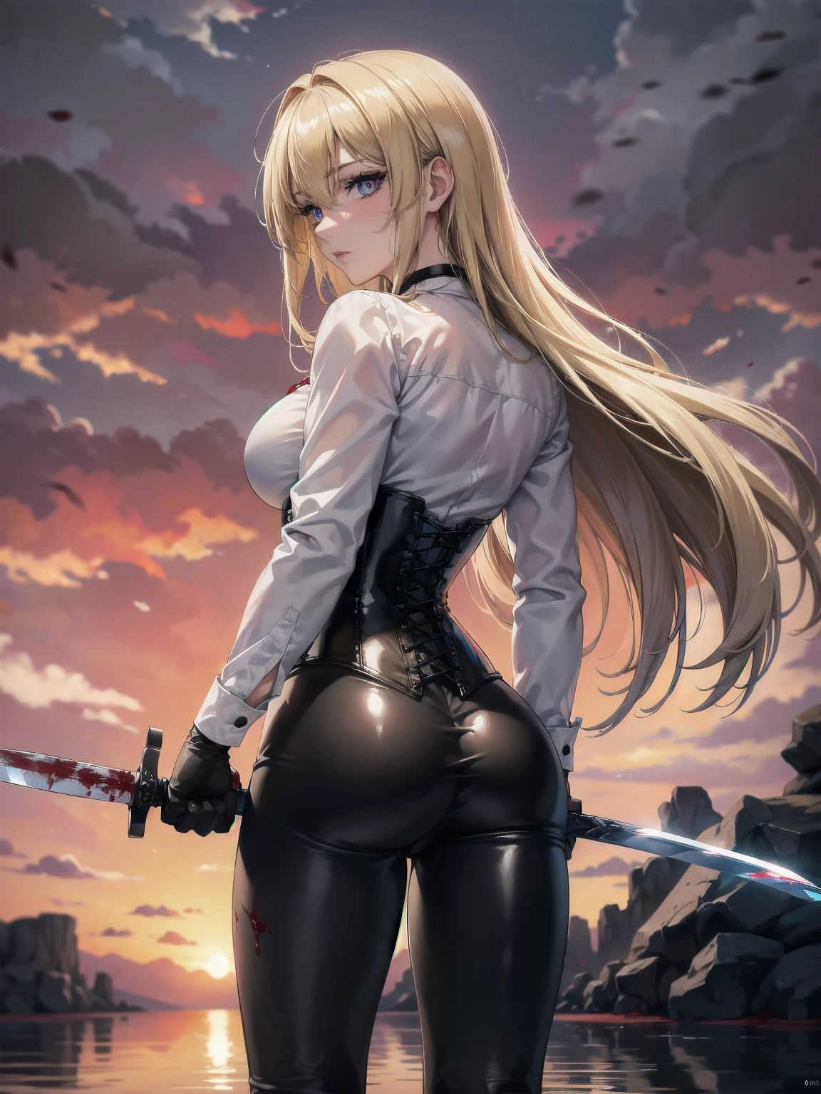 ((blood droplets)), ((blood)), ((blood splatter)), ((blood on clothes)) ((blood stain)), Masterpiece, Superior image quality, high resolution, 4k image,photo and gross, photorealistic, whole body, Torn clothes,  1 young blonde of 15 years, fighting pose, {{{vagina}}}, big breasts, beautiful face, Long blonde hair, blue eyes, very detailed eyes,  serious expression, choker:1.6, (white collar button down long sleeve shirt), black gloves, gloves that cover hands, (wields a sword in his right hand), (black leather corset), (shiny black leggings), Sensual Lips, show details in the eyes, view from behind, perfect ass, looking at the viewer, standing on the shore of a lagoon, gloomy lagoon, Atmosphere, crimson sky