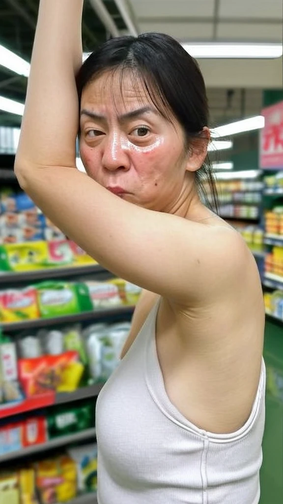 Armpit, smelly, Japanese, 40 years old, middle-aged man, male, unclean, big eyes, protruding eyes, dizzy, hairy, sweaty, upper body, supermarket clerk