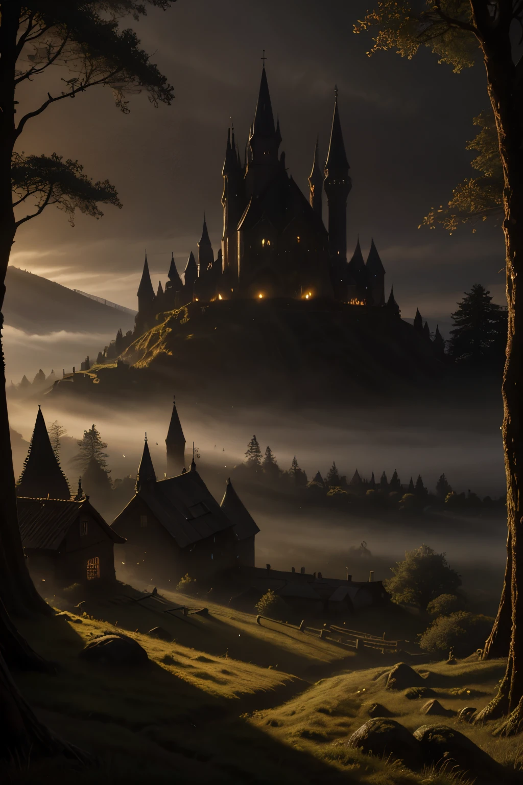 realistic dark oil painting of a medieval village at sunrise, mossy, mist, foggy, shadows, misterious, mithical, dark, rays of light shines trough the woods, ambient, depth of field, volumetric lighting, cinematic lighting, moody, heavy darkness, black sky, low angle perspective, by Eyvind Earle