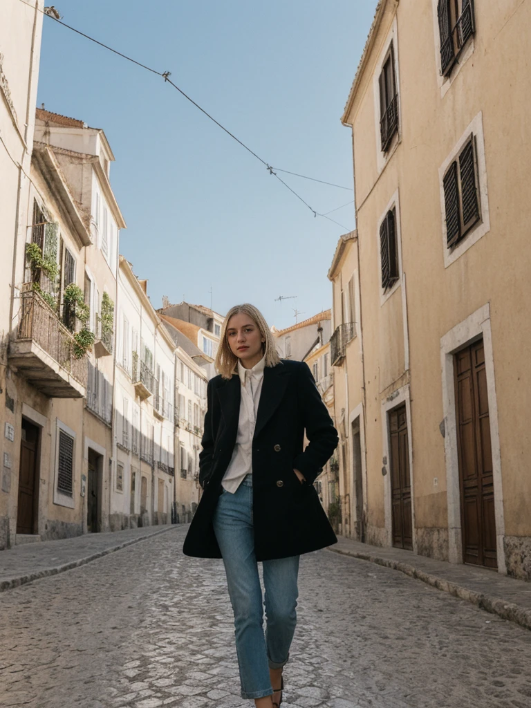 her name is Amelie, high quality, 1girl, ((25-year-old fit Caucasian woman)), ((25 years old)), ((SLIM)), ((French Bob BLONDE HAIR)), pose: standing, wearing Exclusive Fashion-forward Generation-Z modern wear different colored, BACKGROUND:"Lived in the picturesque streets of Lisbon, with its colorful tiles, historic trams, and stunning views from hilltop miradouros."
