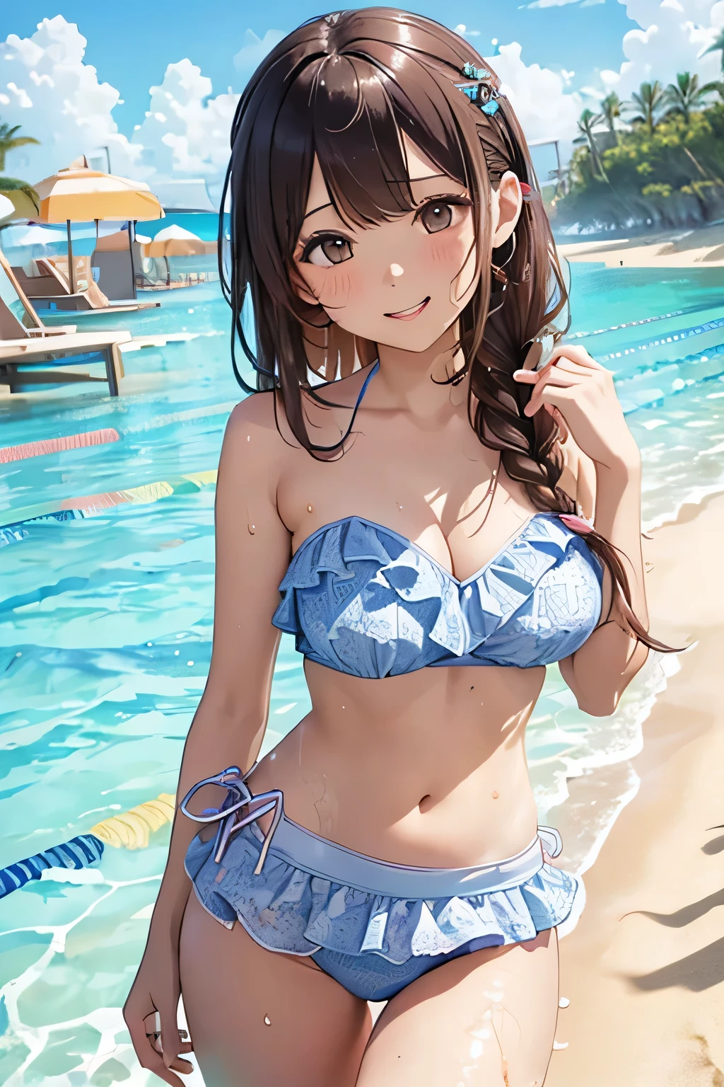 (Highest quality:1.4)、High resolution、Detailed Background)、(Beautiful face in every detail:1.4)、Beautiful Teenage Girl、(Huge breasts:1.2)、(Highly detailed face:1.4)、
Brown Hair、Braided Bob、Braided Ponytail、Braided Hairstyles、Perfect body line、Attractive thighs、Attractive big ass、sunny day、
(Beautiful girl swimming on the sandy beach:1.5)、
Splashing water、Happy expression、smile、Laughing with your mouth open、sexual expression、Wet swimsuit、Wet swimsuitが光る、My whole body is wet、My hair is wet too、cute、
Ruffled top and high-waisted bikini bottoms、Opt for patterned or brightly colored bikinis、
Pair a strapless bikini top with a wrap skirt、Choose patterned or sheer skirts、One-piece swimsuit with ruffle and lace details、Bikini with cutout design、Choose intricate designs and different color combinations to give your piece a unique appeal.、Choose something with a colorful pattern or pop design and pair it with high-waisted bottoms.、cute