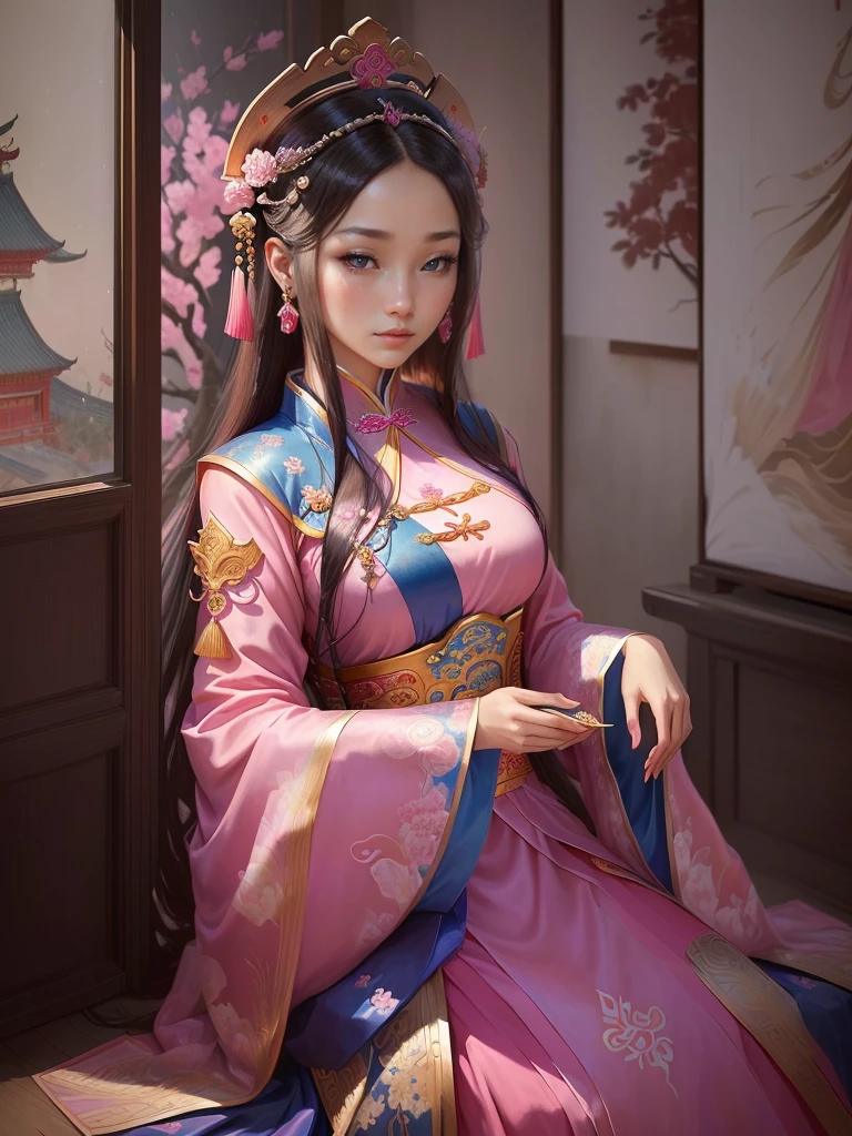 a painting of a woman in a pink and blue dress, a beautiful fantasy empress, ancient chinese princess, beautiful character painting, chinese princess, palace ， a girl in hanfu, ancient asian dynasty princess, ancient chinese beauties, inspired by Lan Ying, beautiful alluring anime woman, ((a beautiful fantasy empress)), beautiful render of tang dynasty, beautiful oriental woman, chinese empress