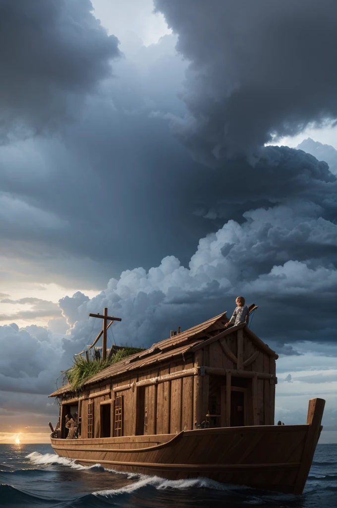 Noah looking at the ark he built, ready to face the big storm, with dark clouds in the background.