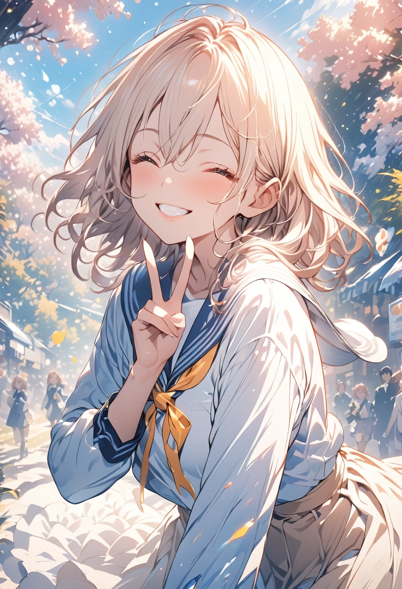 masterpiece, Highest quality, Highly detailed CG Unity 8K wallpapers, High School Girl Anime Illustration. Wearing a uniform、One hand is making a peace sign、Holding a bouquet in the other hand、she has her eyes closed and mouth open, smile. The background is a light pastel colored landscape