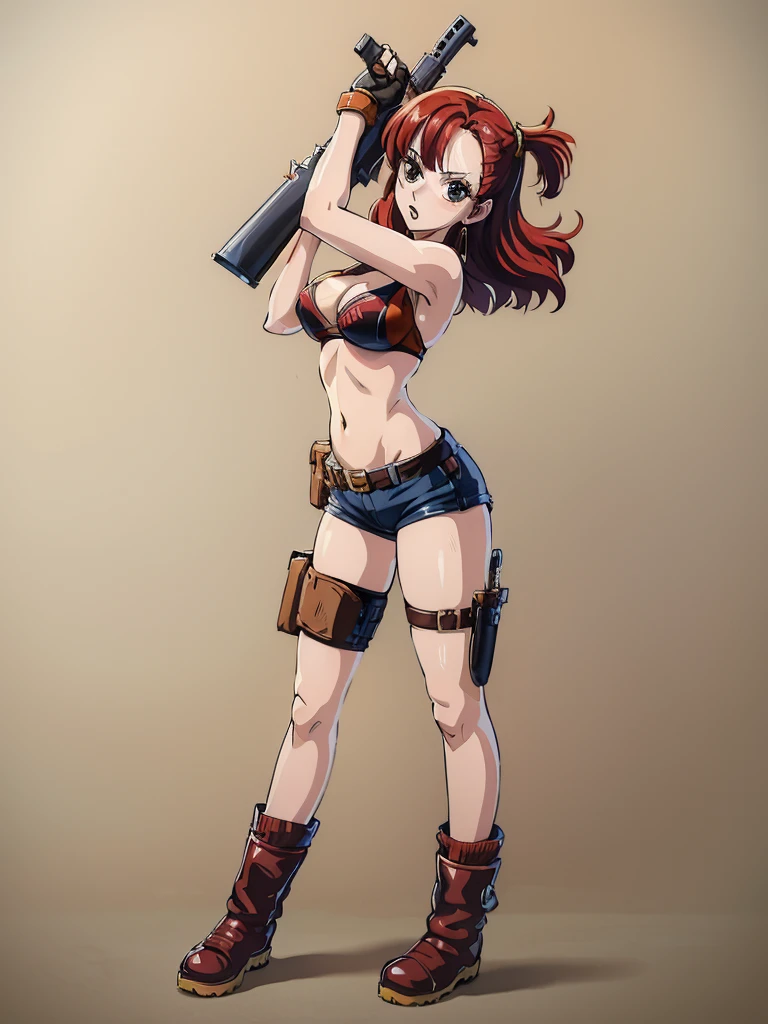 1girl, solo, gun, weapon, Leather Shorts, swimsuit, bulma, holster, boots, bikini, red hair, gloves, breasts, one side up, bikini top only, thigh holster, shorts, short shorts, cleavage, navel, medium breasts, handgun, full body, long hair, midriff, belt, thigh strap