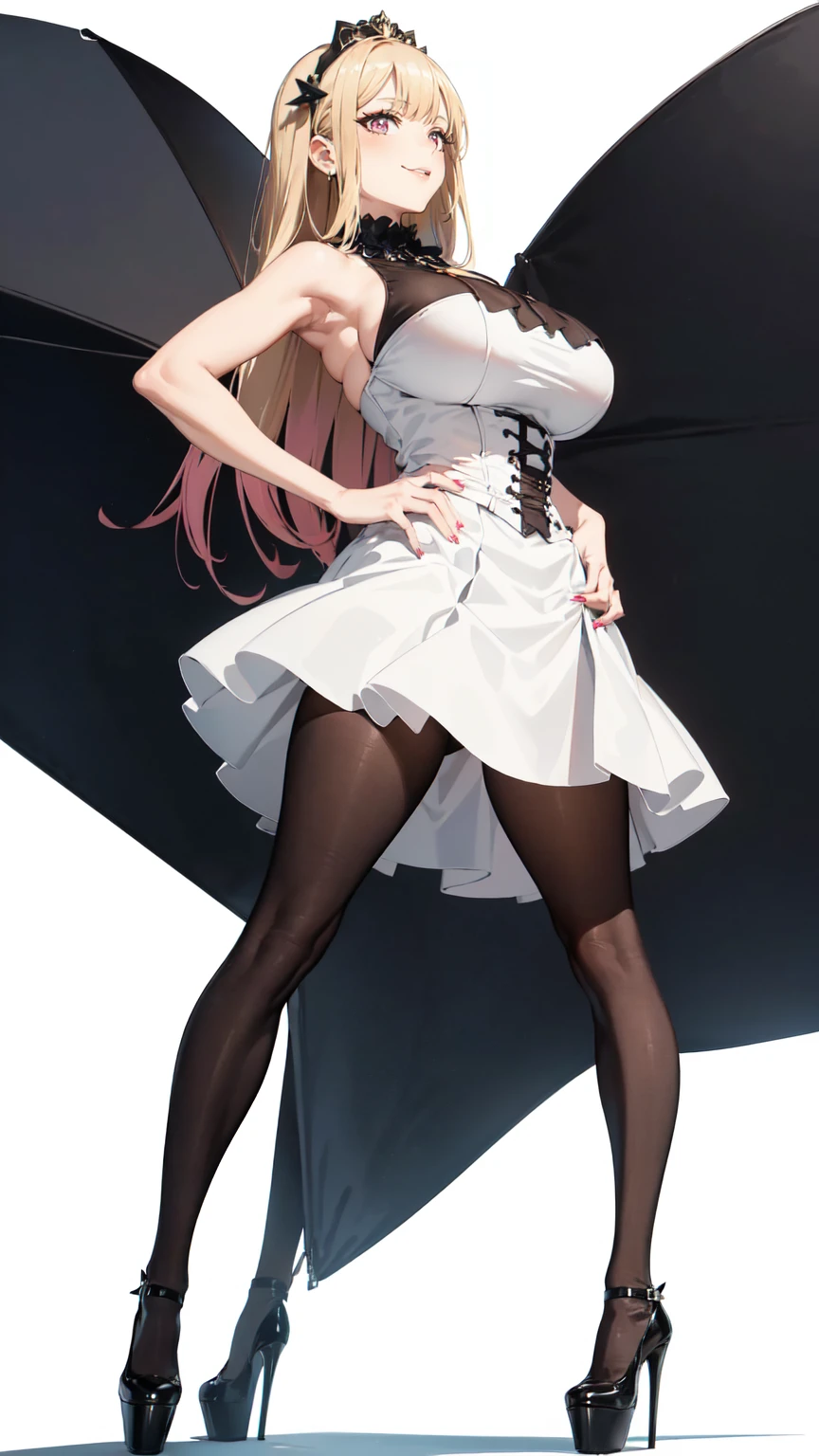 ((masterpiece, high resolution, better quality, better details)), ((Marin Kitagawa)), ((Smiling)), ((one girl)) a girl modeling standing, mini skirt, blouse, ((big neckline)), ((platform high heels)), pink eyes with black outline, (light blonde hair, straight hair, straight bangs, long hair)), long nails, pink nails, (((curvy body))), shiny skin, ((side view)), solo, bare shoulders, full body, focus full body, high heels, ((White background)), ((black stockings)),