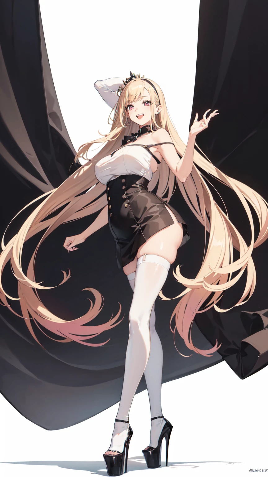 A girl in a black bikini、Wearing a hat,masterpiece, best quality) detailed,silver accessories , Blonde ,elegant, Pointed ears ,Black shirt,Black pleated skirt,Ponytail,Waist-length hair,Smile,Star decoration,Lace lace socks,vampire,Lace underwear,Lace stockings,Exposing thighs,(Nurse Clothing)