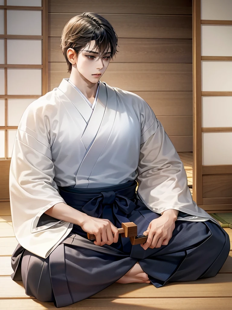 Highest Resolution,Highest quality,A beautiful young boy in hakama sitting in meditation with his eyes closed,Wooden floor,Japanese-style house,Veranda,whole body,front,Beautiful face,