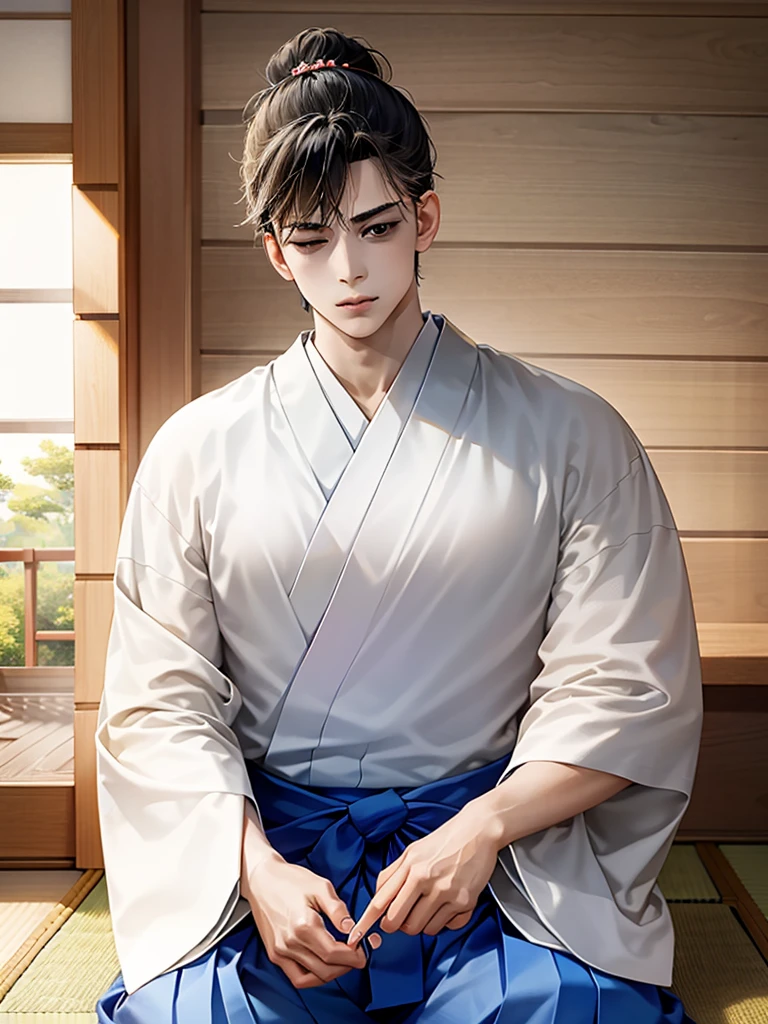 Highest Resolution,Highest quality,A beautiful young boy in hakama sitting in meditation with his eyes closed,Wooden floor,Japanese-style house,Veranda,whole body,front,Beautiful face,