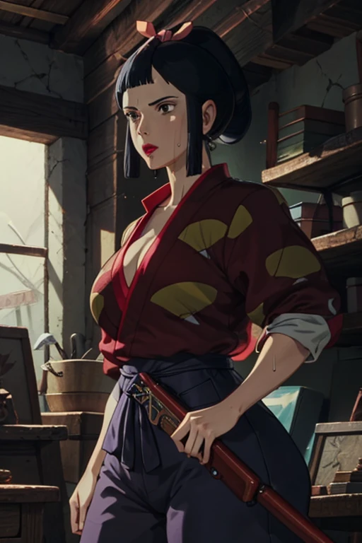 masterpiece, Highest quality,  Unreal Engine,  Super Resolution,  Very detailed, 

One Woman, Lady Eboshi from Princess Mononoke, Cleavage, Physical Beauty, (Muscular:0.8), (Big Breasts), bold, Lips parted,  Observe the audience, 

In a dynamic pose,  Cowboy Shot, 

The World of Princess Mononoke, At a matchlock gun workshop,  Key Visual, 

((Sticky with sweat)),