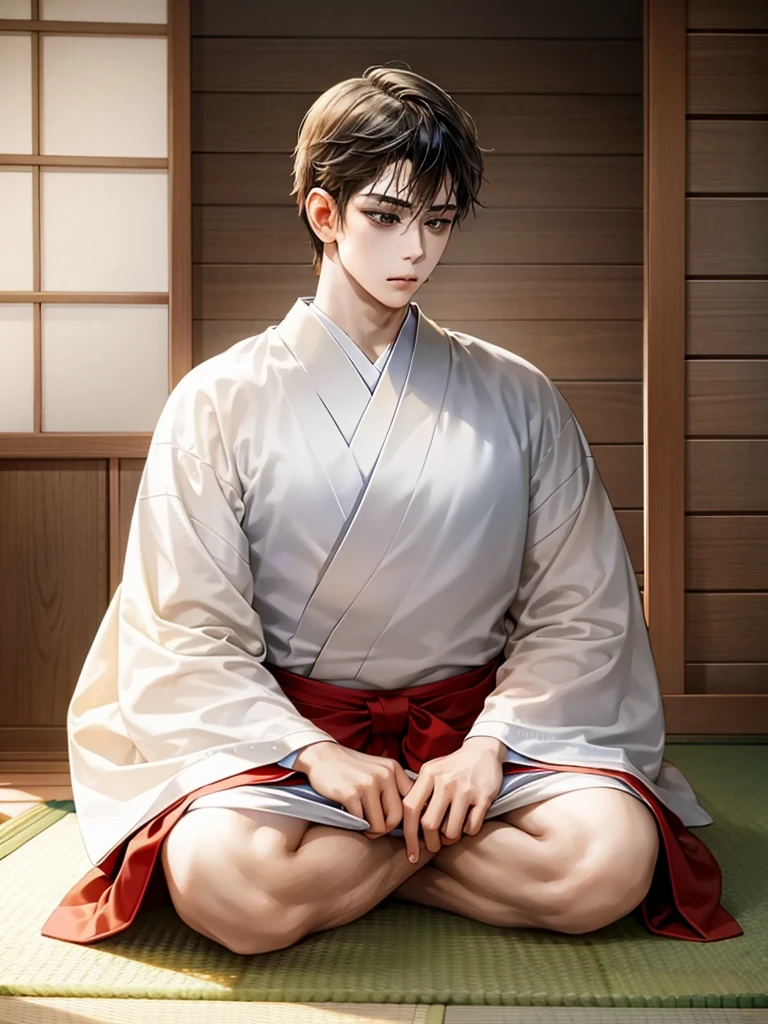 Highest Resolution,Highest quality,A beautiful young boy in hakama sitting in meditation with his eyes closed,Wooden floor,Japanese-style house,Veranda,whole body,front,Beautiful face,