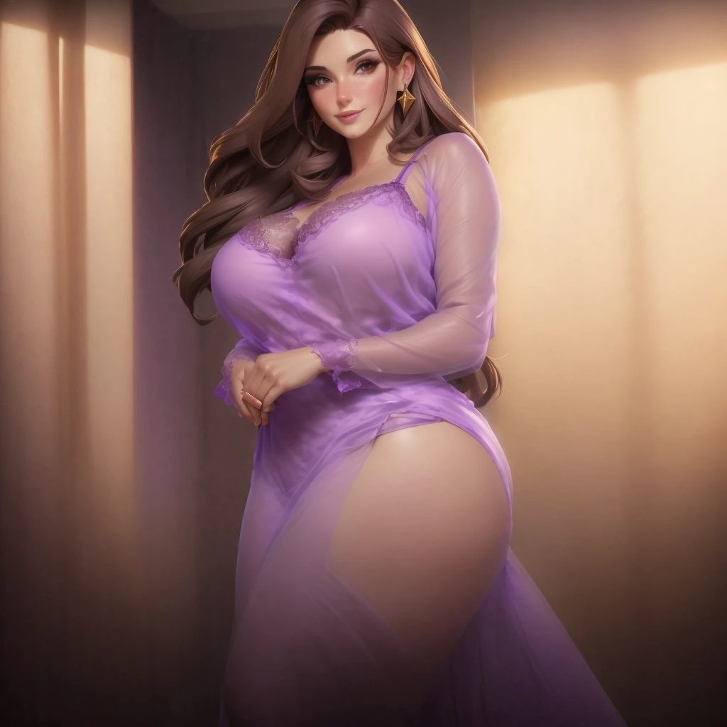 40-year-old mature mother with brown hair and big breasts dressed in a sexy, transparent purple nightgown where you can see her breasts and a black lace thong. She also wears golden triangular earrings.