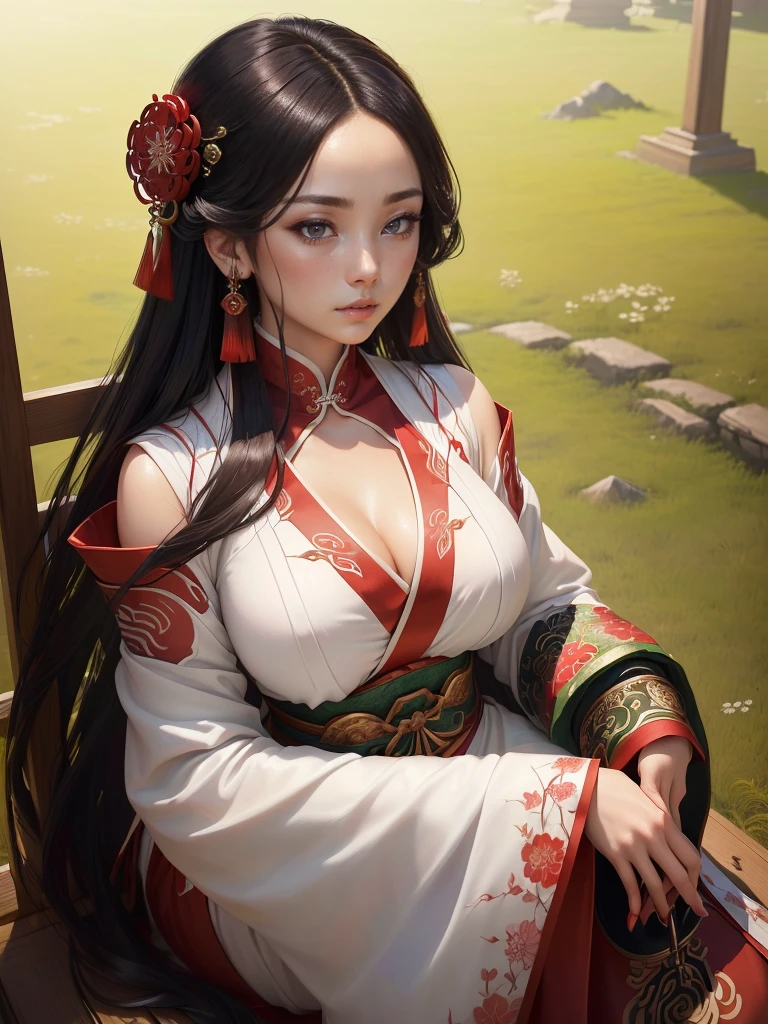 A woman in a white dress holding red and green syamisen, Beautiful character drawings, Japanese Goddess, Beautiful and attractive anime woman, Gweiz-style artwork, Beautiful Anime Woman, Beautiful Fantasy Empress, Inspired by Wu Zuoren, Inspired by Sukenori Nishikawa, Inspired by Du Qiong, Ancient Chinese Beauties, Highly detailed CG unit 8k wallpaper, masterpiece, High resolution, highest quality, highest quality real texture skin, Super Real, Digital Painting, Best image quality, 最High resolution, 8k, ((Highly detailed eyes and face, Beautiful eyes every detail)), red iip, cheekbone, Adult female,