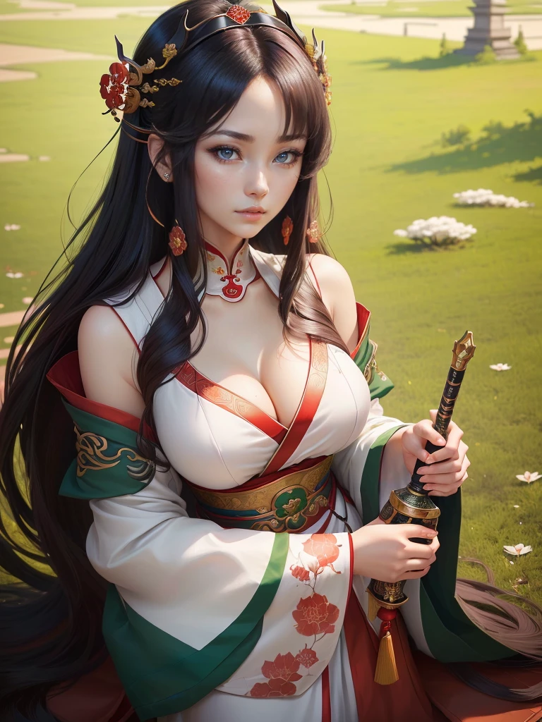 A woman in a white dress holding red and green syamisen, Beautiful character drawings, Japanese Goddess, Beautiful and attractive anime woman, Gweiz-style artwork, Beautiful Anime Woman, Beautiful Fantasy Empress, Inspired by Wu Zuoren, Inspired by Sukenori Nishikawa, Inspired by Du Qiong, Ancient Chinese Beauties, Highly detailed CG unit 8k wallpaper, masterpiece, High resolution, highest quality, highest quality real texture skin, Super Real, Digital Painting, Best image quality, 最High resolution, 8k, ((Highly detailed eyes and face, Beautiful eyes every detail)), red iip, cheekbone, Adult female,
