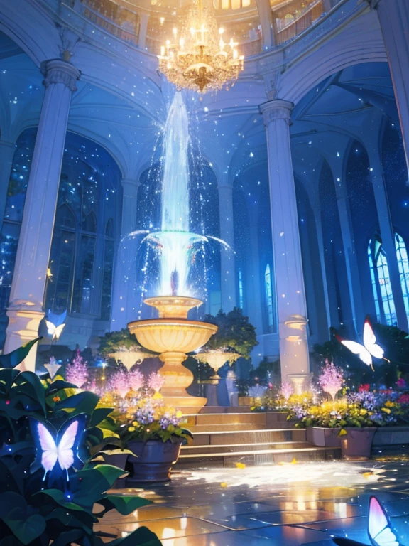(top quality, masterpiece, ultra-realistic), night, starry skies, magical indoor botanical garden, dome, sparkling water fountain, lots of flowers, glowing butterflies, background landscape is a garden with petals and papas flying around. --v6