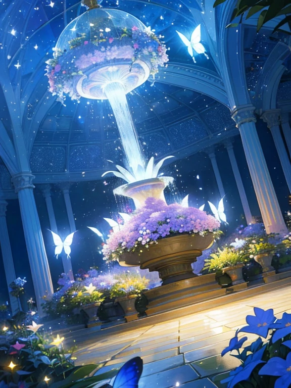 (top quality, masterpiece, ultra-realistic), night, starry skies, magical indoor botanical garden, dome, sparkling water fountain, lots of flowers, glowing butterflies, background landscape is a garden with petals and papas flying around. --v6