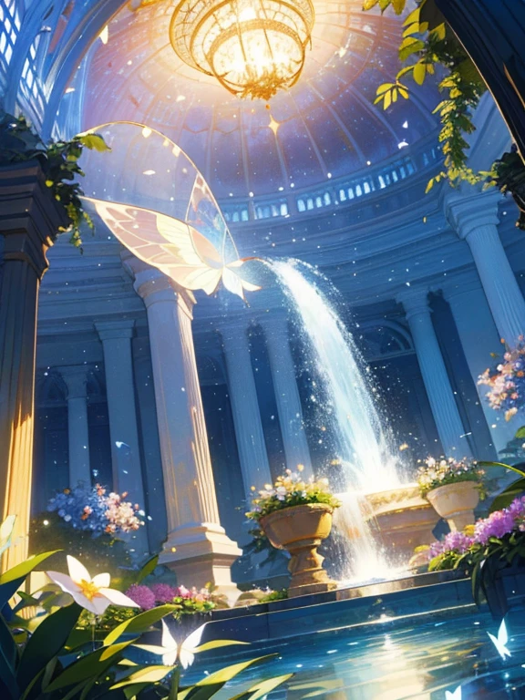 (top quality, masterpiece, ultra-realistic), night, starry skies, magical indoor botanical garden, dome, sparkling water fountain, lots of flowers, glowing butterflies, background landscape is a garden with petals and papas flying around. --v6