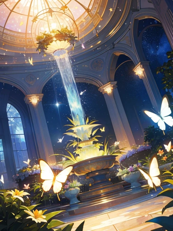 (top quality, masterpiece, ultra-realistic), night, starry skies, magical indoor botanical garden, dome, sparkling water fountain, lots of flowers, glowing butterflies, background landscape is a garden with petals and papas flying around. --v6