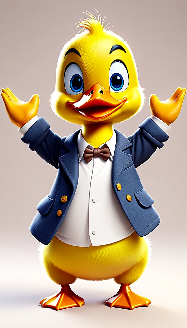 cute male duck, cartoon , arms, hands ,cute eyes, looking at viewer, arms up, cute clothes, flawless, white background, close