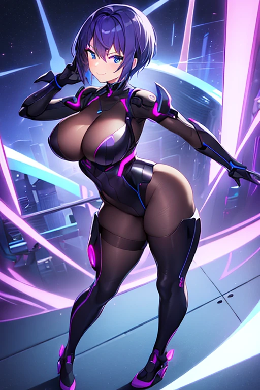 1girl, blue eyes, purple hair, very short hair, large , hourglass figure, smile, bodysuit, black bodysuit, neon, neon trim, machinery, tech, science-fiction, futuristic, standing, full body, ((full body)), pantyhoigh heels