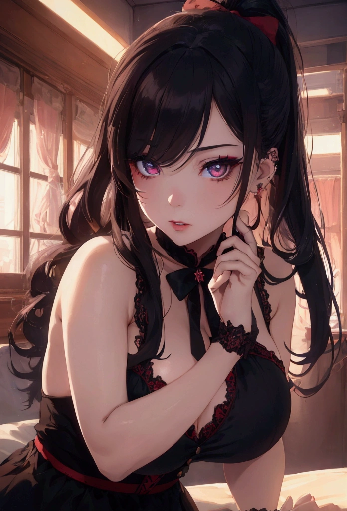 A beautiful feminine girl, who wears a short vampire-themed dress, and has an adult body with big breasts and ass, wears a ponytail with long black hair with a red hair bow, piercing, blue eyes, with makeup on her face, best quality, 4k, 8k, high resolution, masterpiece: 1.2), ultra-detailed, (realistic, photorealistic, photorealistic: 1.37), extremely detailed eyes and face, long eyelashes, detailed hair strands, fabric textures detailed, dramatic lighting, warm color palette