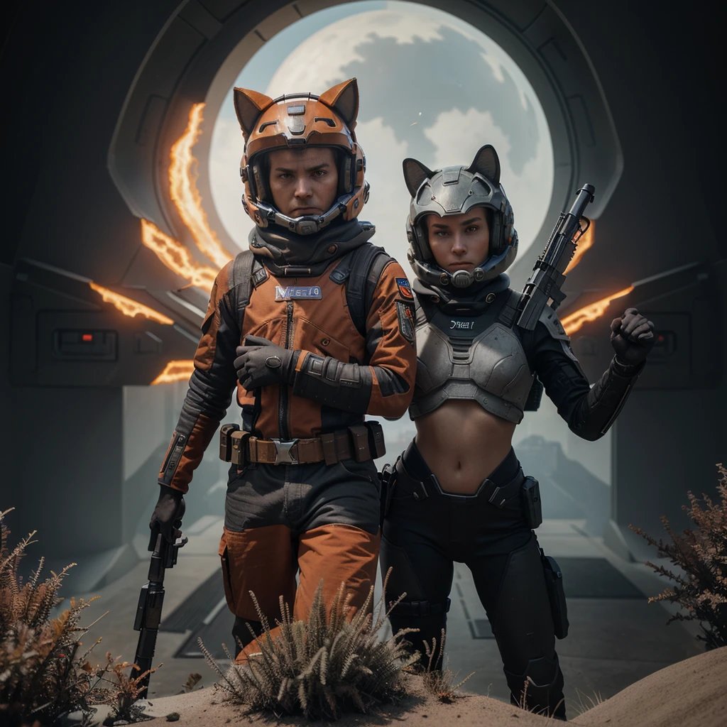 there is a anthropomorphic cat holding a gun in front of a spaceship, hyperrealistic fantasy art, doom eternal, heaven planet in background, inspired by Jan Victors, in foreground boy with shotgun, orianna, grey orange, dune (2021) --ar 16:9 --v 5.1