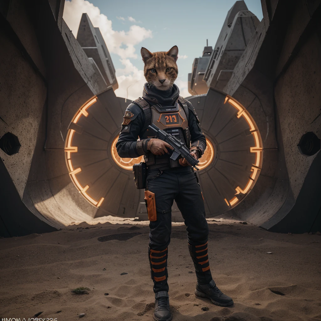 there is a anthropomorphic cat holding a gun in front of a spaceship, hyperrealistic fantasy art, doom eternal, heaven planet in background, inspired by Jan Victors, in foreground boy with shotgun, orianna, grey orange, dune (2021) --ar 16:9 --v 5.1